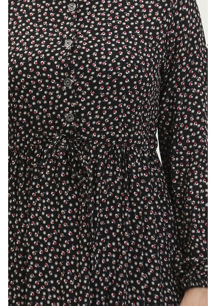 Desenli Viskon Elbise 0419-05 Siyah indirimleri