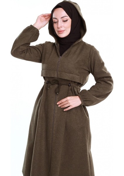 Beli Büzgülü Kapüşonlu Kaşe Kap 3199-04 Haki