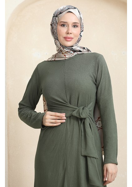 Bürümcük Kumaş Yandan Bağlamalı Elbise 1017-05 Haki