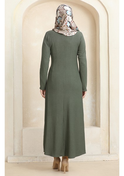 Bürümcük Kumaş Yandan Bağlamalı Elbise 1017-05 Haki