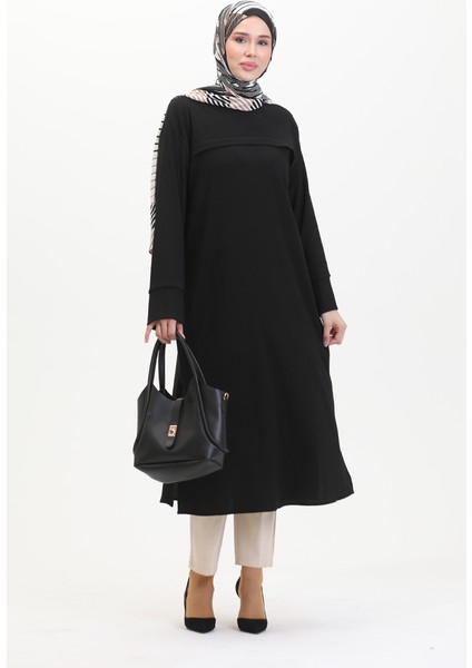 Bürümcük Kumaş Önü Şeritli Tunik 5105-01 Siyah