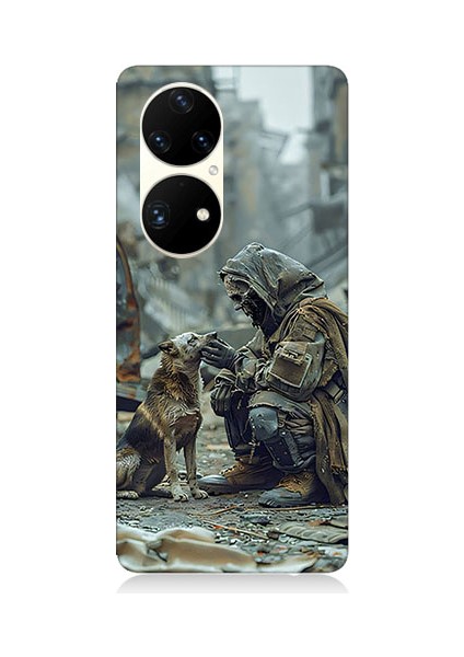Huawei P50 Pro Uyumlu Köpek ve Adam Desenli Silikon Kılıf