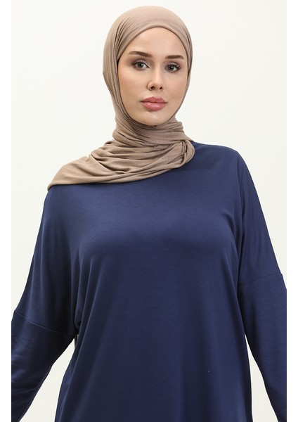 Yarasa Kol Uzun Elbise 8670-01 Açık Lacivert