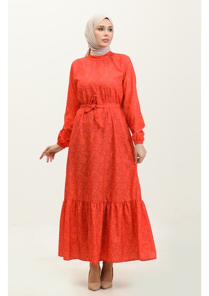 Adile Çiçek Desenli Krep Elbise 0347-06 Mercan