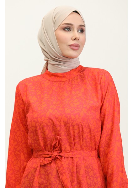 Adile Çiçek Desenli Krep Elbise 0347-06 Mercan modelleri