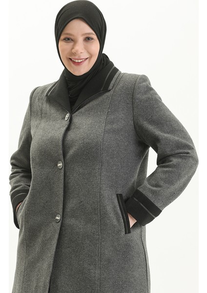 Büyük Beden Düğmeli Kaşe Kaban 0328-06 Gri