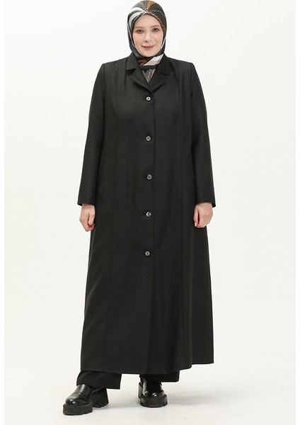 Büyük Beden Boydan Düğmeli Astarlı Pardesü 0422-01 Siyah