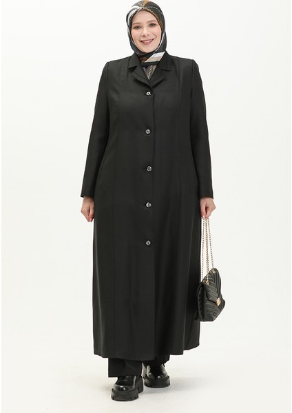 Büyük Beden Boydan Düğmeli Astarlı Pardesü 0422-01 Siyah fiyatları