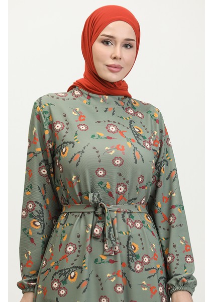 Çiçek Desenli Kuşaklı Elbise 0365-02 Haki