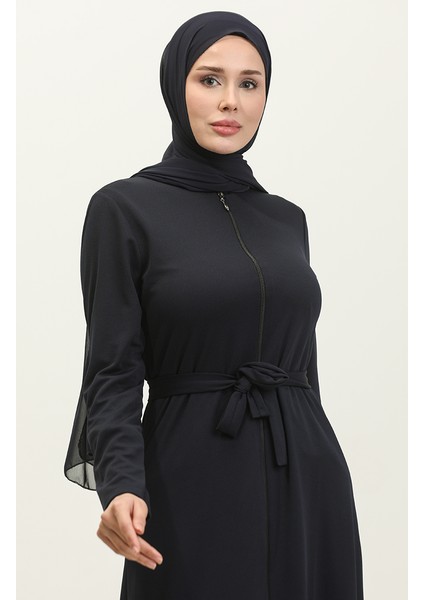 Etek Ucu Büzgülü Kuşaklı Ferace 0703-10 Lacivert modelleri