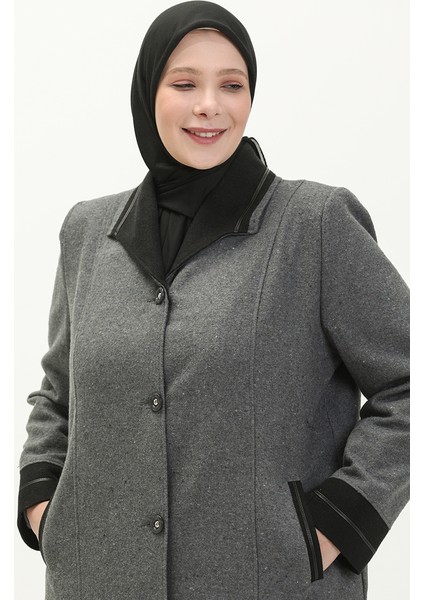 Büyük Beden Boydan Düğmeli Kaşe Manto 0329-02 Gri