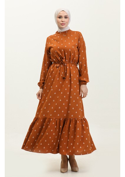 Berra Çapa Desen Pamuklu Viskon Elbise 0344-03 Taba