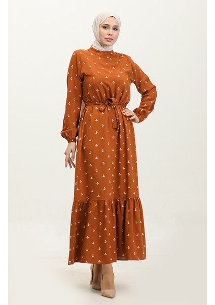 Berra Çapa Desen Pamuklu Viskon Elbise 0344-03 Taba fiyatları