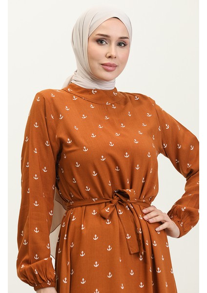 Berra Çapa Desen Pamuklu Viskon Elbise 0344-03 Taba modelleri