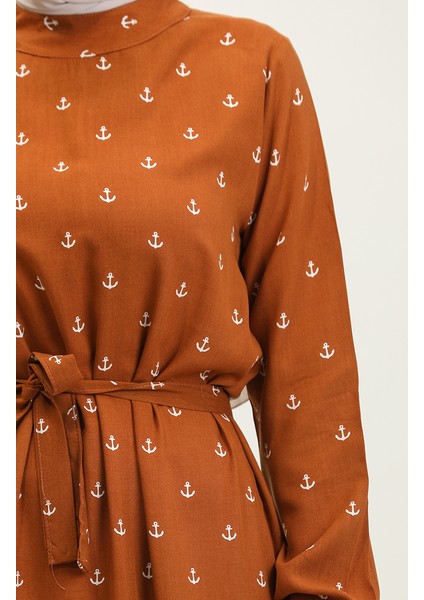 Berra Çapa Desen Pamuklu Viskon Elbise 0344-03 Taba fırsatları