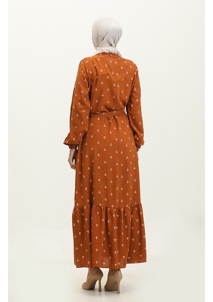 Berra Çapa Desen Pamuklu Viskon Elbise 0344-03 Taba indirimleri