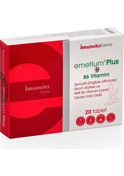 Farma Emetium® Plus Zencefil (Zingiber Officinale) Rizom Ekstresi ve Aktif B6 Vitamini Içeren Takviye Edici Gıda 20 Tablet