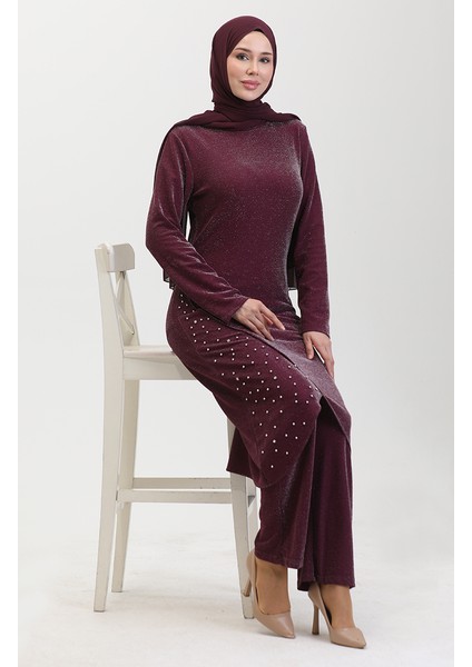 Taşlı Abiye Takım 0437-05 Mürdüm