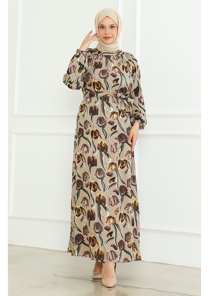 Desenli Kuşaklı Elbise 0467-03 Vizon