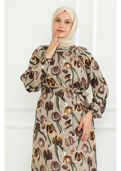 Desenli Kuşaklı Elbise 0467-03 Vizon fiyatları