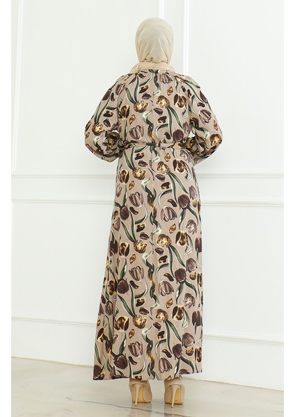 Desenli Kuşaklı Elbise 0467-03 Vizon modelleri