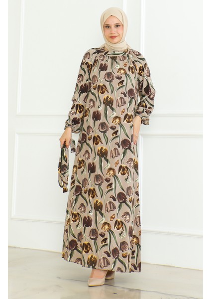 Desenli Kuşaklı Elbise 0467-03 Vizon fırsatları