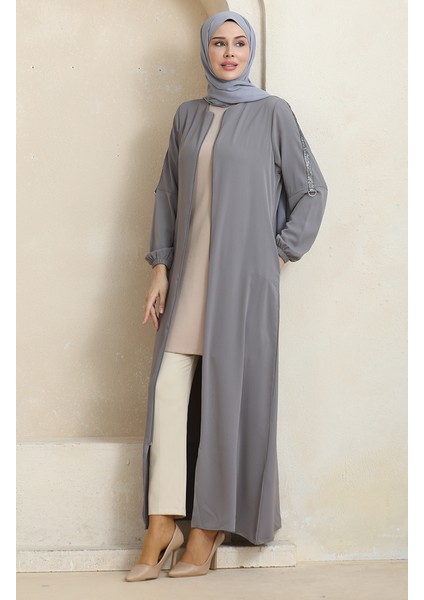 Yandan Taş Desen Ferace 0464-06 Gri