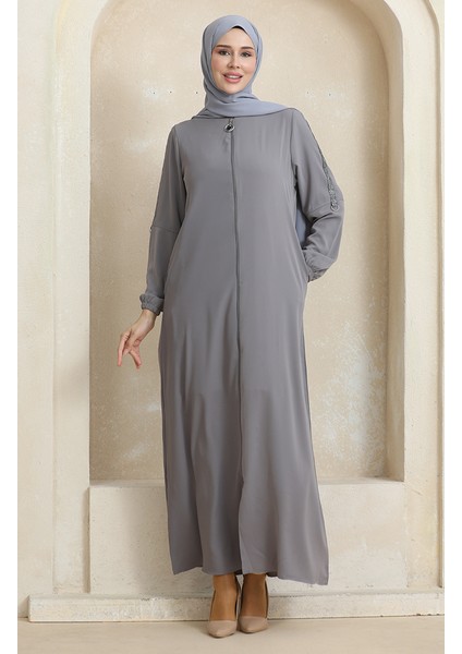 Yandan Taş Desen Ferace 0464-06 Gri