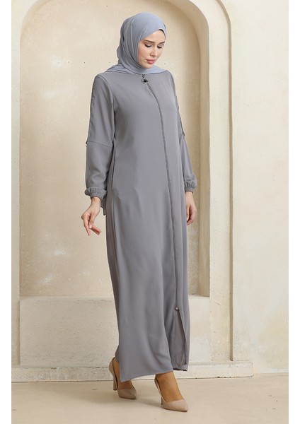 Yandan Taş Desen Ferace 0464-06 Gri