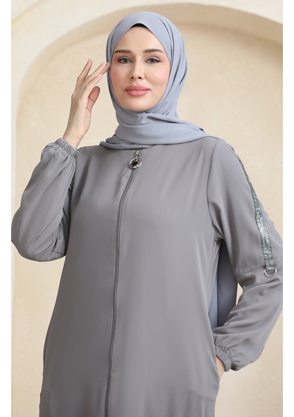 Yandan Taş Desen Ferace 0464-06 Gri