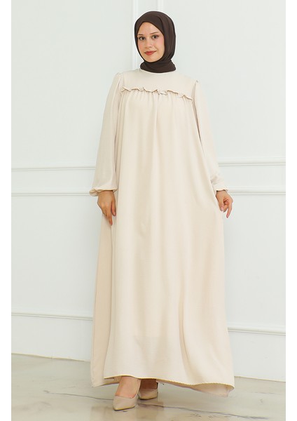 Aerobin Kumaş Kolu Lastikli Elbise 0465-01 Bej