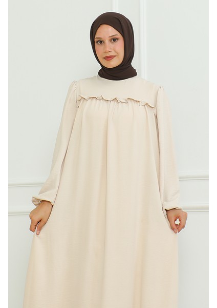 Aerobin Kumaş Kolu Lastikli Elbise 0465-01 Bej modelleri