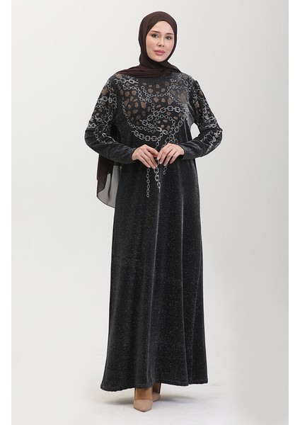 Taşlı Abiye Elbise 0433-02 Siyah Sarı