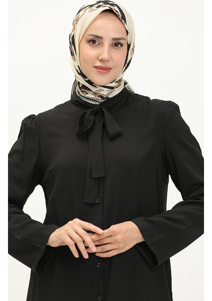 Kravat Yaka Düğmeli Elbise 5111-02 Siyah