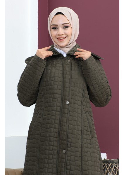 Büyük Beden Baklava Desen Kapitone Mont 5062-03 Haki