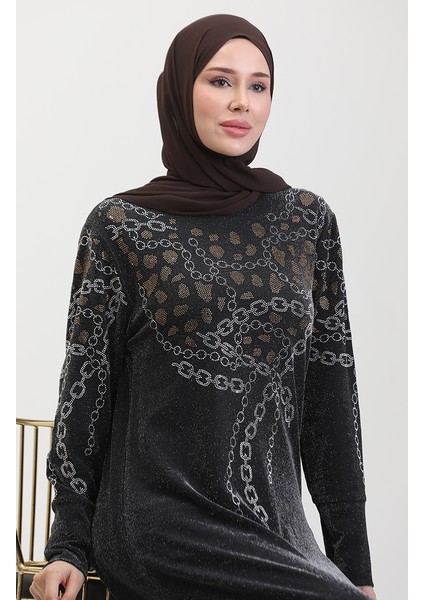 Taşlı Abiye Elbise 0433-02 Siyah Sarı