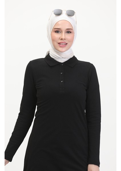 Polo Yaka Patlı Tunik 10346-02 Siyah