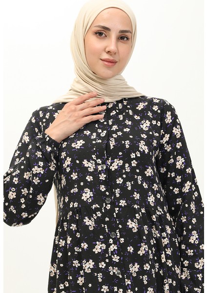 Çiçek Desenli Viskon Elbise 0118-02 Siyah