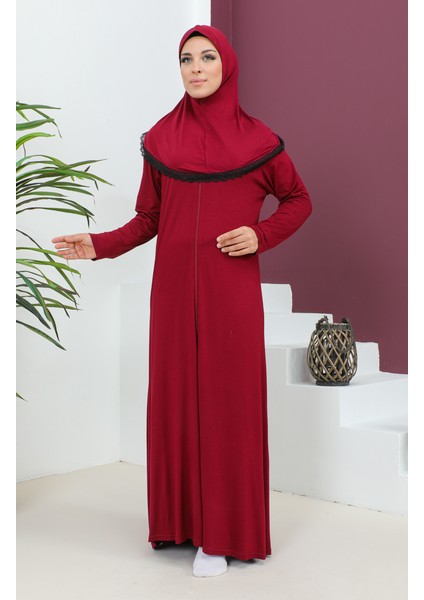 Başörtülü Viskon Namaz Elbisesi 4485-01 Bordo