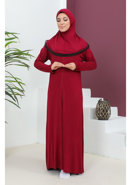 Başörtülü Viskon Namaz Elbisesi 4485-01 Bordo