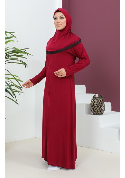 Başörtülü Viskon Namaz Elbisesi 4485-01 Bordo