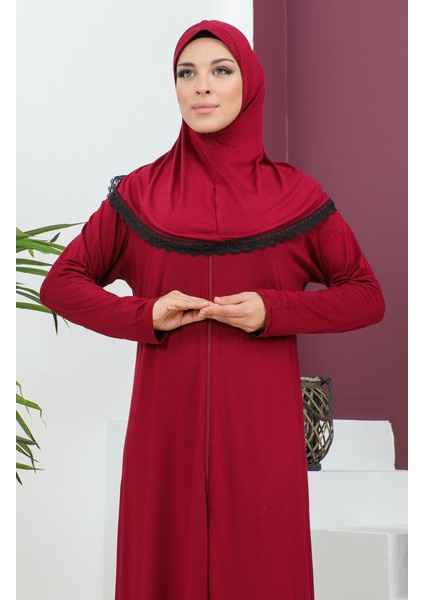 Başörtülü Viskon Namaz Elbisesi 4485-01 Bordo