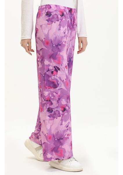 Desenli Bol Paça Pantolon 8603-01 Açık Mor