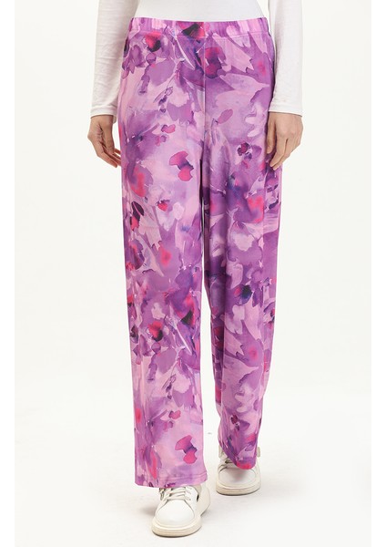 Desenli Bol Paça Pantolon 8603-01 Açık Mor