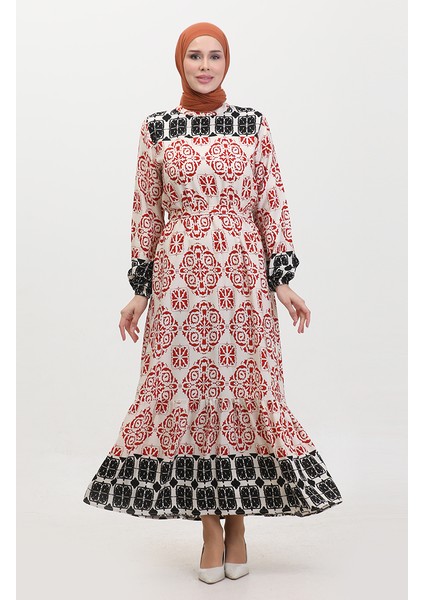 Desenli Kuşaklı Viskon Elbise 0379-05 Kiremit