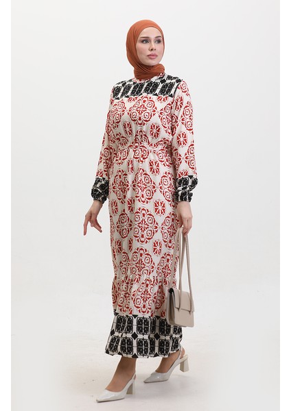 Desenli Kuşaklı Viskon Elbise 0379-05 Kiremit fiyatları