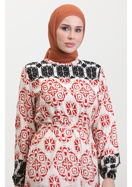 Desenli Kuşaklı Viskon Elbise 0379-05 Kiremit modelleri