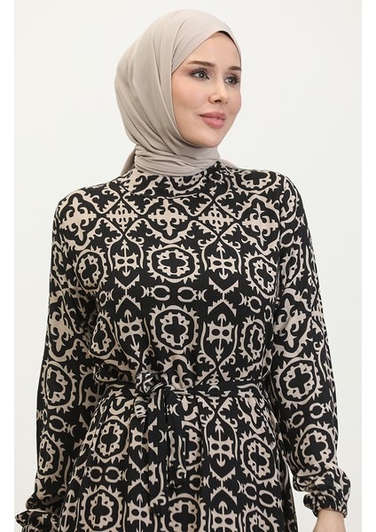 Viskon Desenli Elbise 0362-03 Siyah
