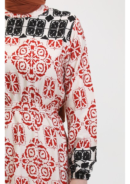 Desenli Kuşaklı Viskon Elbise 0379-05 Kiremit fırsatları