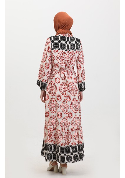 Desenli Kuşaklı Viskon Elbise 0379-05 Kiremit indirimleri